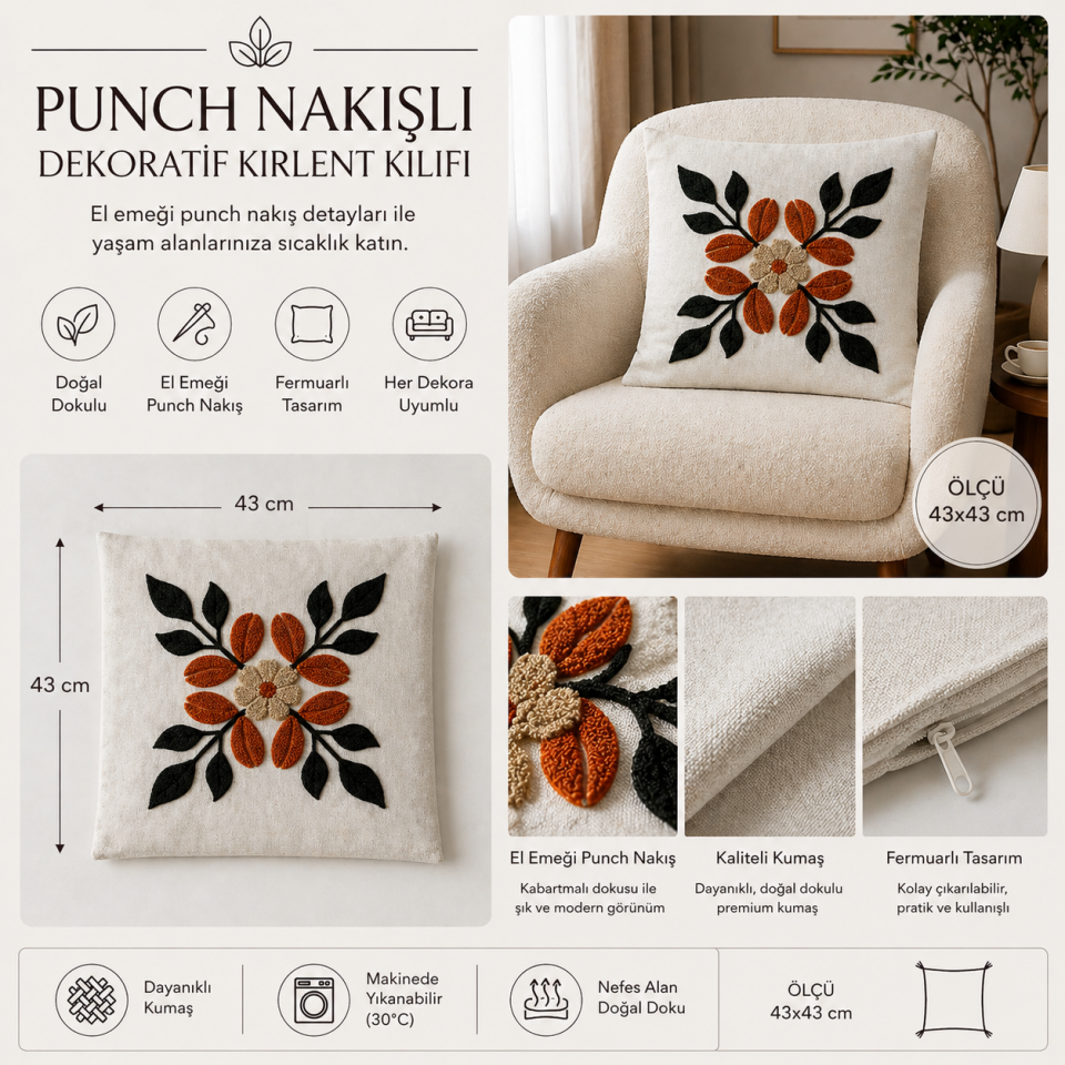 Punch Çiçek Desenli Kırlent Kılıfı 2'li