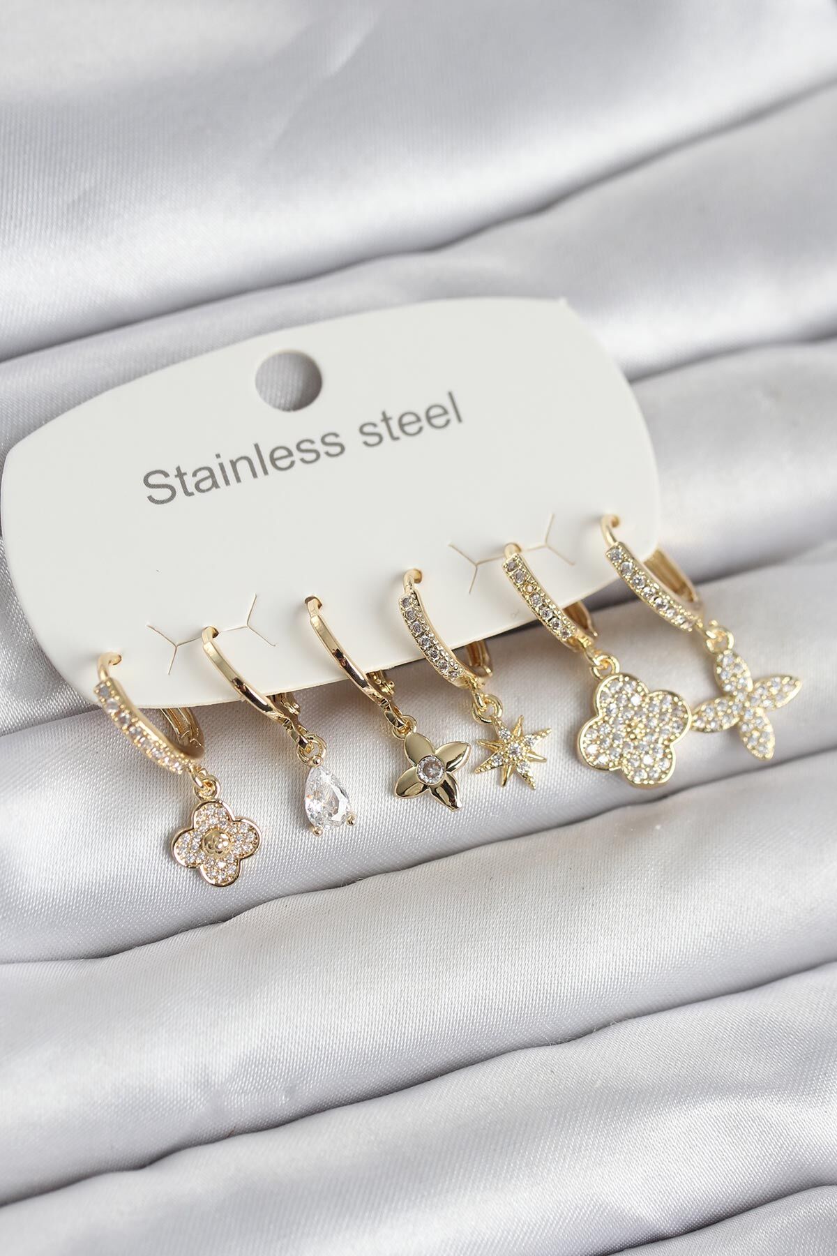 316L Çelik Gold Renk 6'lı Set Yonca Model Kadın Küpe
