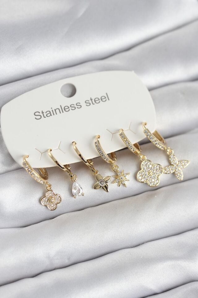 316L Çelik Gold Renk 6'lı Set Yonca Model Kadın Küpe
