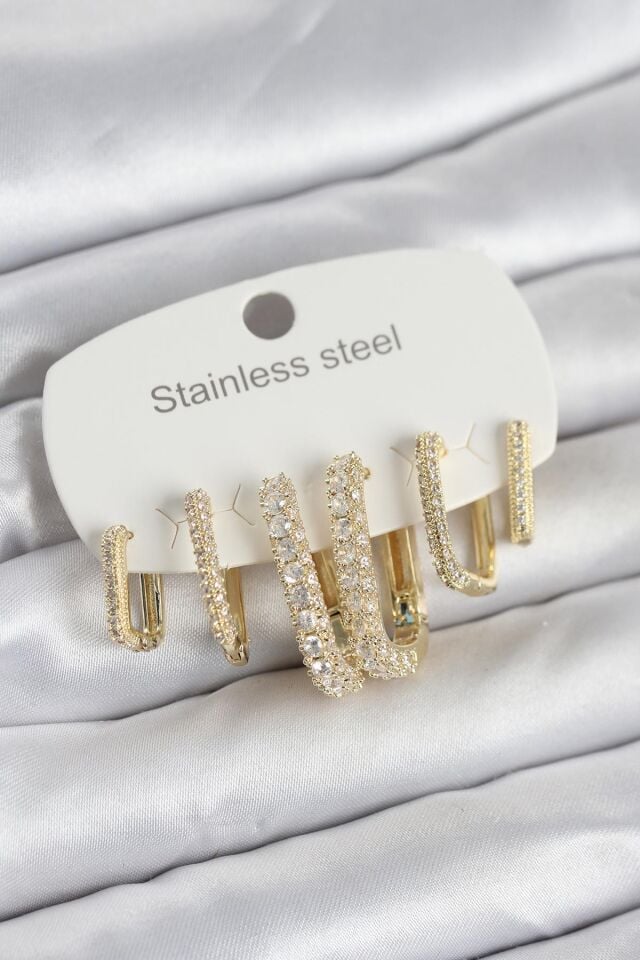 316L Çelik Gold Renk 6'lı Set Zirkon Taşlı Kadın Küpe