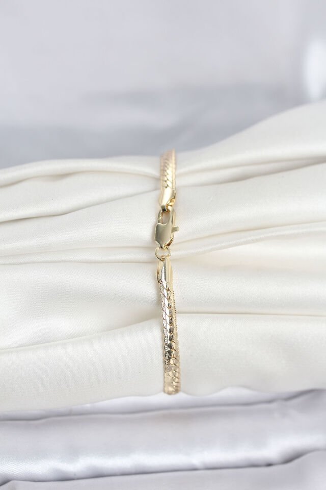 CM 14K Gold Renk Lazerli Yassı Zincir Model Kadın Bileklik