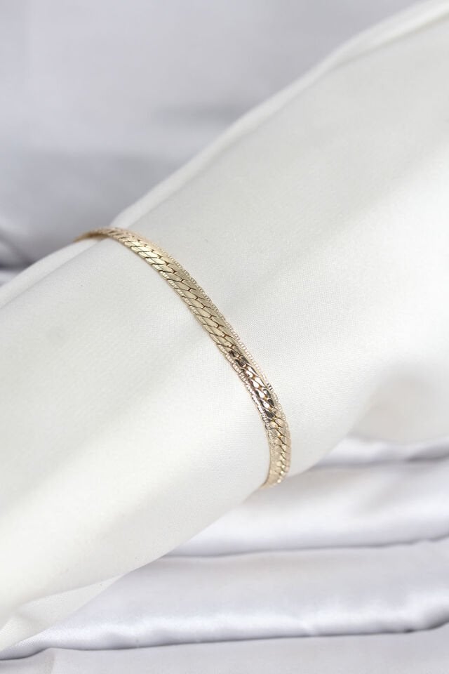 CM 14K Gold Renk Lazerli Yassı Zincir Model Kadın Bileklik