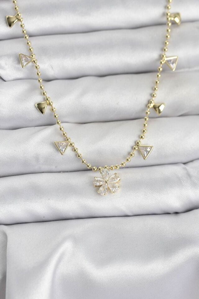 Pirinç Gold Renk Zirkon Taşlı Çiçek Model Kadın Kolye