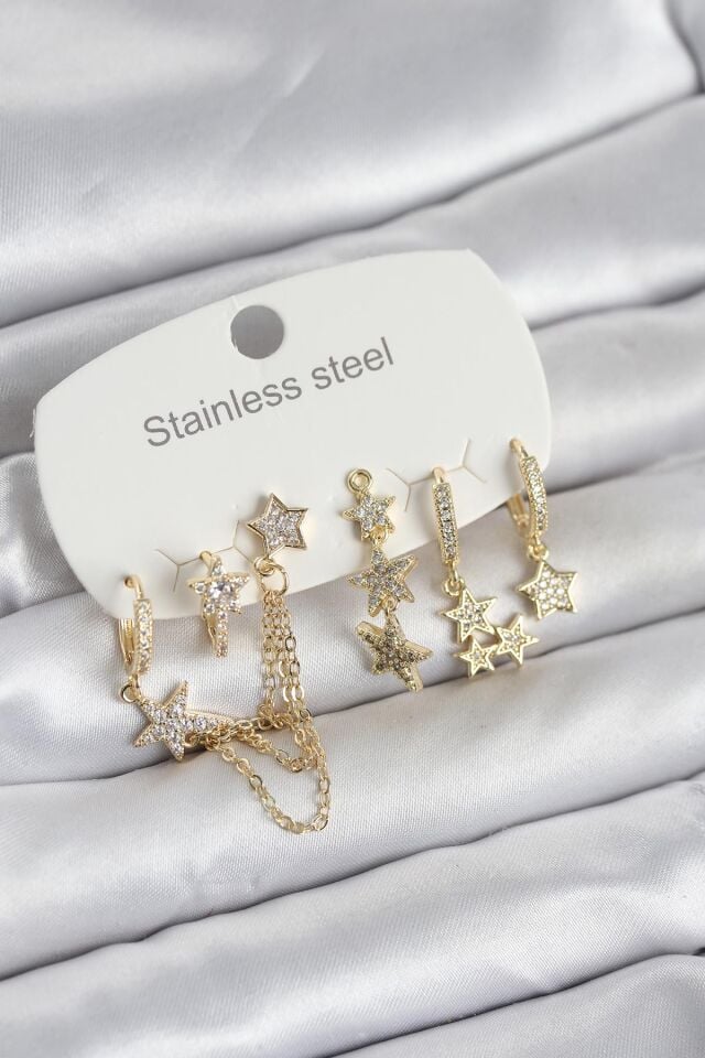 316L Çelik Gold Renk 6'lı Set Zincirli Yıldız Modelli Kadın Küpe