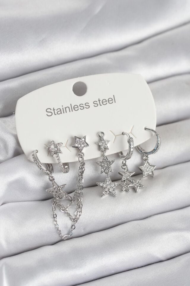 316L Çelik Gold Renk 6'lı Set Zincirli Yıldız Modelli Kadın Küpe