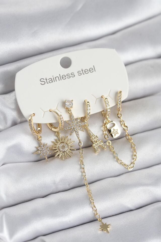 316L Çelik Gold Renk 6'lı Set Charmlı Kadın Küpe