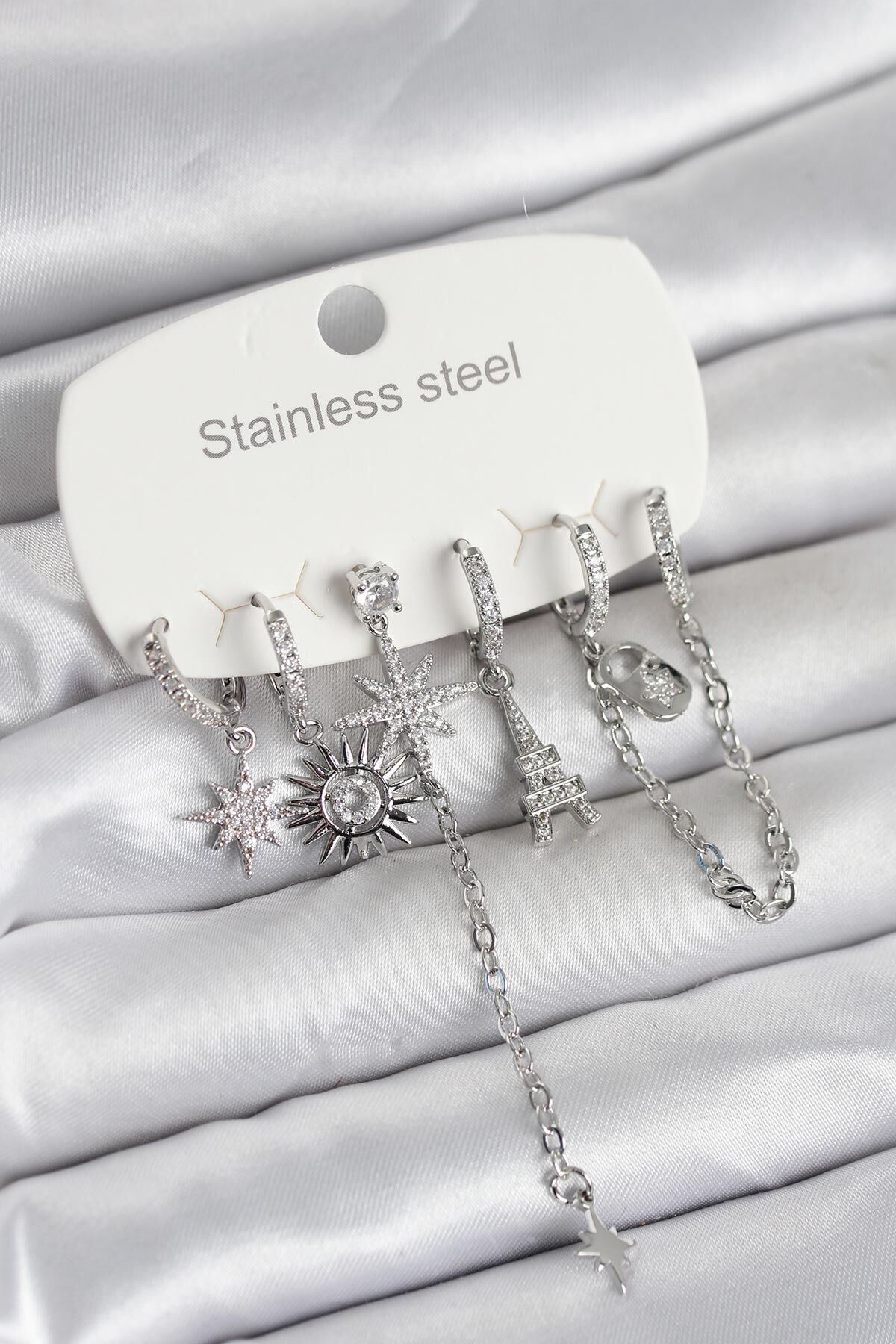 316L Çelik Gümüş Renk 6'lı Set Charmlı Kadın Küpe