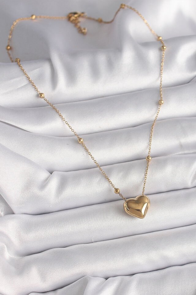 316L Çelik Gold Renk Topçuk Detaylı Zincir Kalp Model Kadın Kolye