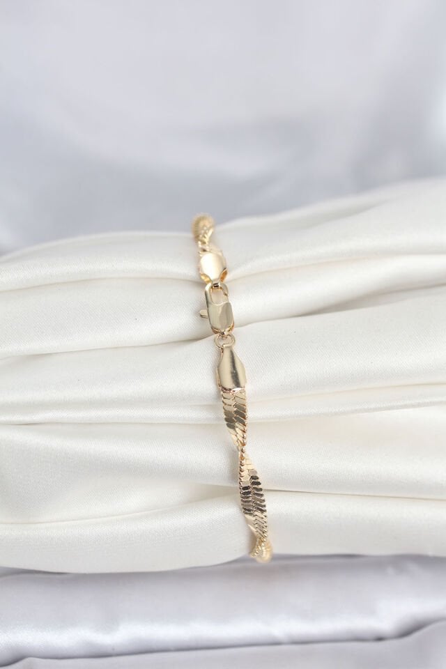 CM 14K Gold Renk Zincir Kalın Yassı Ezme Burgu Model Kadın Bileklik