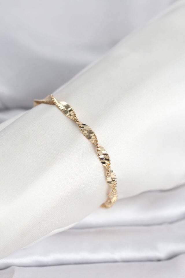 CM 14K Gold Renk Zincir Kalın Yassı Ezme Burgu Model Kadın Bileklik