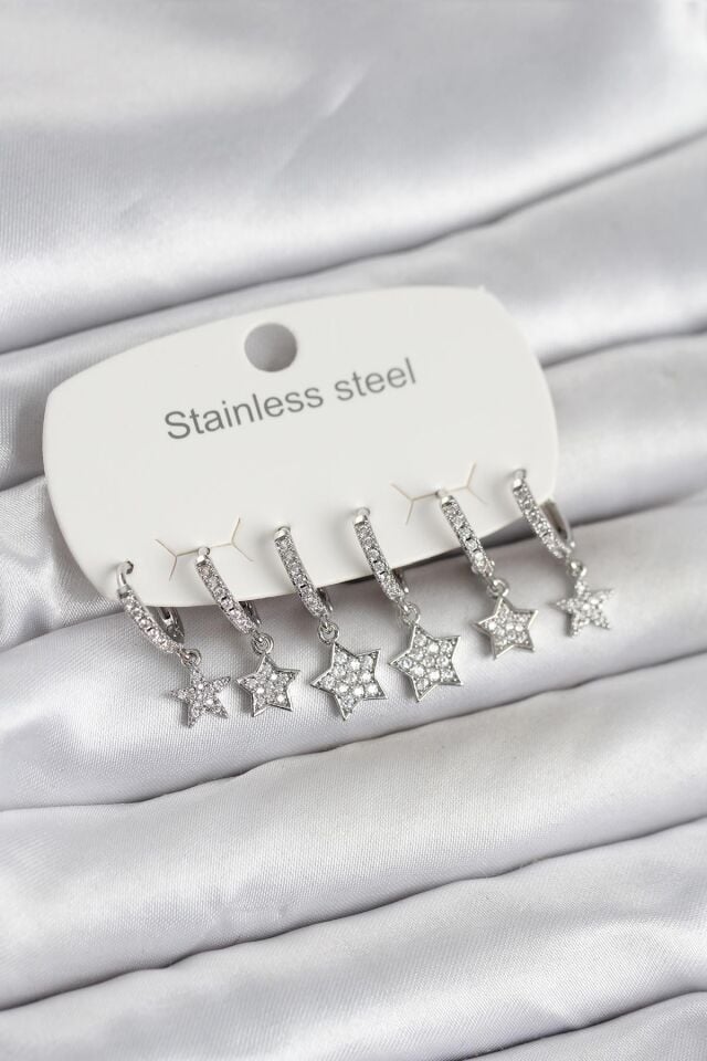 316L Çelik Gümüş Renk 6'lı Set Yıldız Model Kadın Küpe
