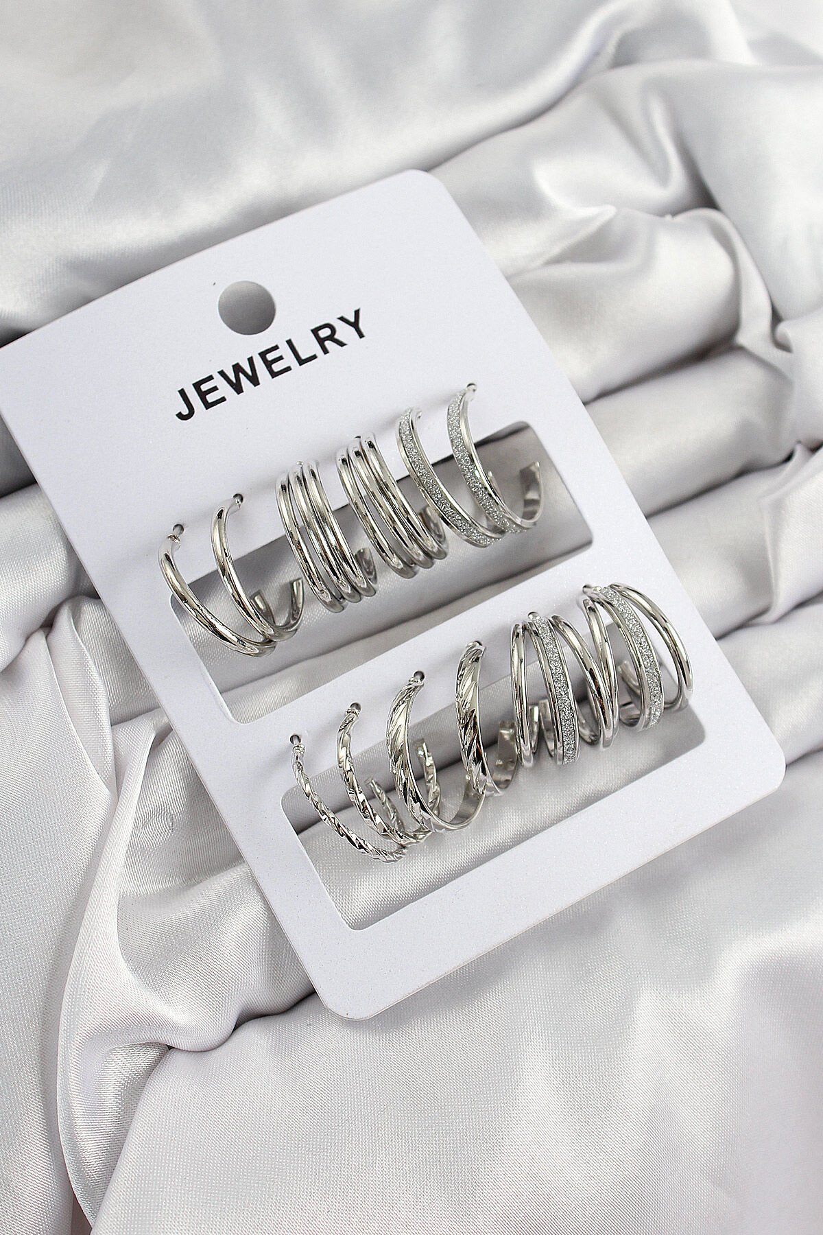 Pirinç Karışık Halka Model Gümüş Renk 6 Çift Kadın Küpe Set