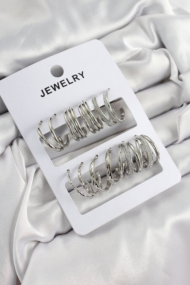 Pirinç Karışık Halka Model Gümüş Renk 6 Çift Kadın Küpe Set