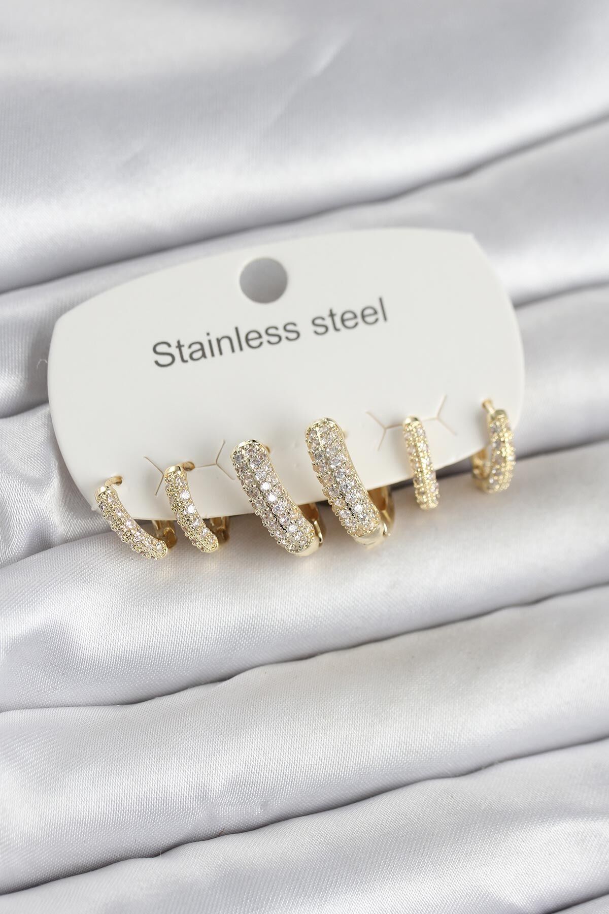 316L Çelik Gold Renk 6'lı Set Zirkon Taşlı Halka Model Kadın Küpe