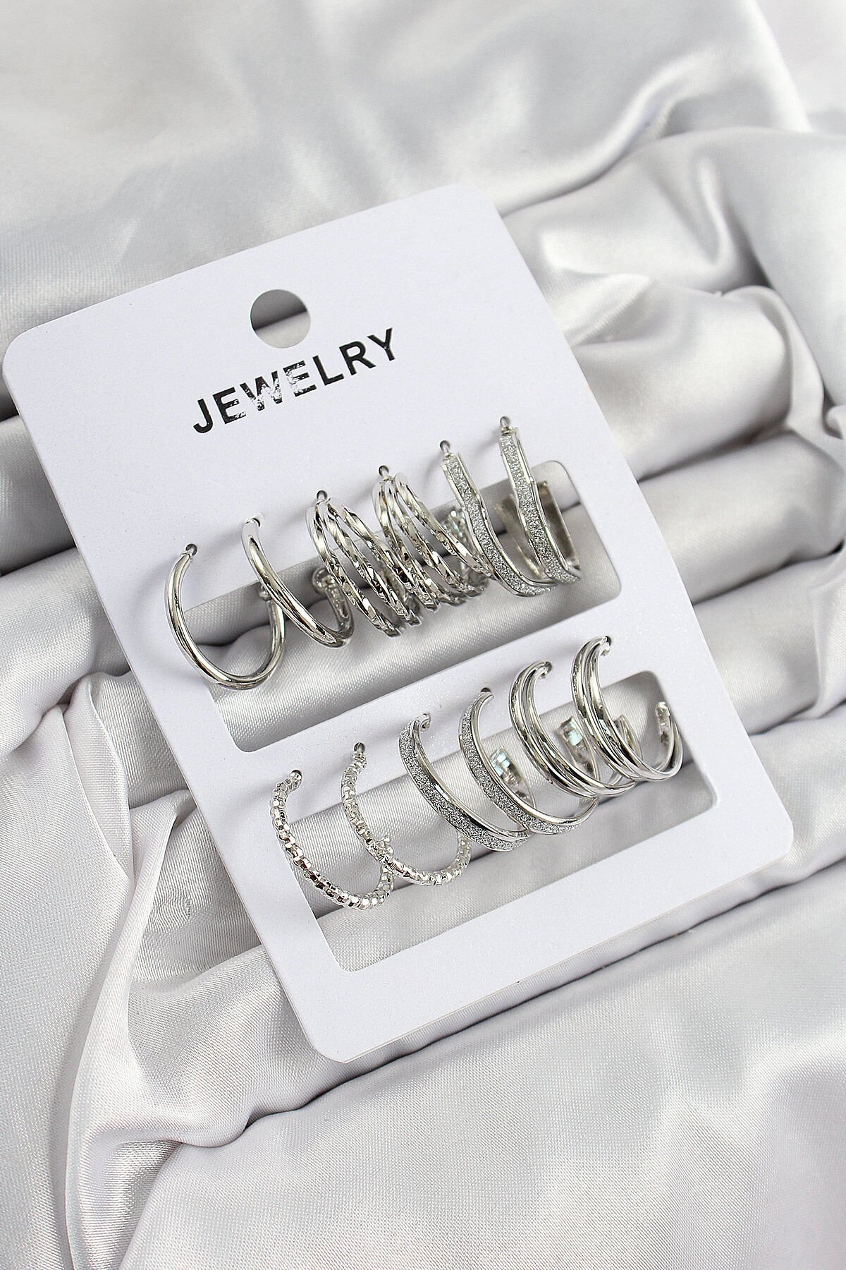 Pirinç Karışık Halka Model Gümüş Renk 6 Çift Kadın Küpe Set