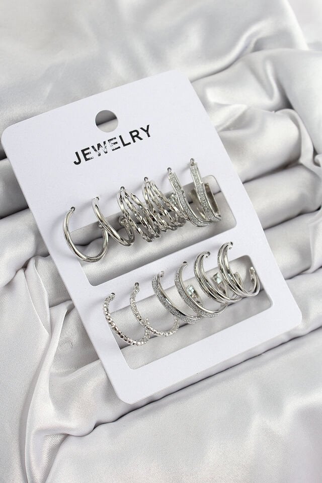 Pirinç Karışık Halka Model Gümüş Renk 6 Çift Kadın Küpe Set