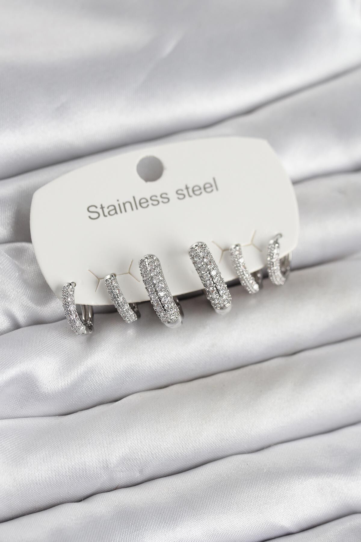 316L Çelik Gümüş Renk 6'lı Set Zirkon Taşlı Halka Model Kadın Küpe