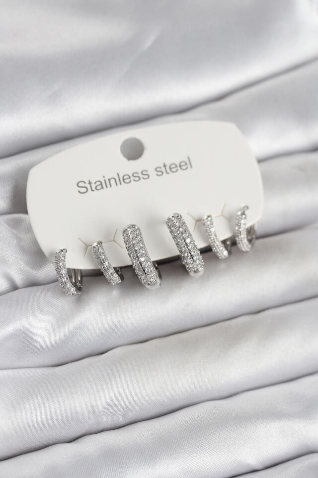 316L Çelik Gümüş Renk 6'lı Set Zirkon Taşlı Halka Model Kadın Küpe