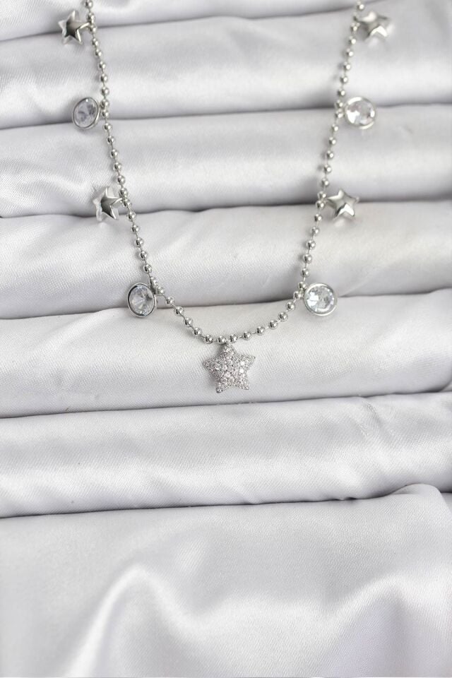 Pirinç Gümüş Renk Yıldız Model Kadın Kolye