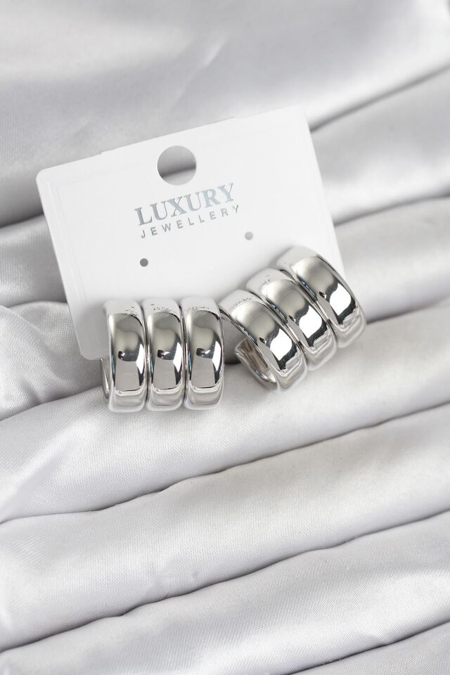 Pirinç Gümüş Renk Üçlü Görünüm Kadın Küpe