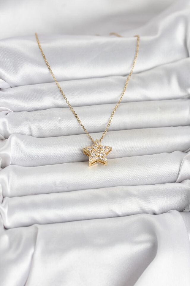 316L Çelik Zincir Gold Renk Zirkon Taşlı Yıldız Model Kadın Kolye