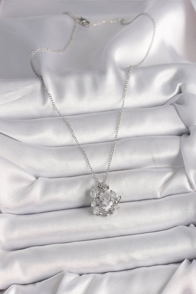 316L Çelik Gümüş Renk Zincir Zirkon Taşlı Kalp Figür Gül Detay Kadın Kolye