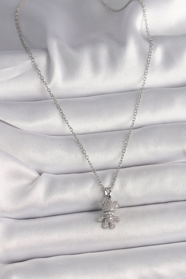 316L Çelik Gümüş Renk Zincir Zirkon Taşlı Ayıcık Figür Kadın Kolye