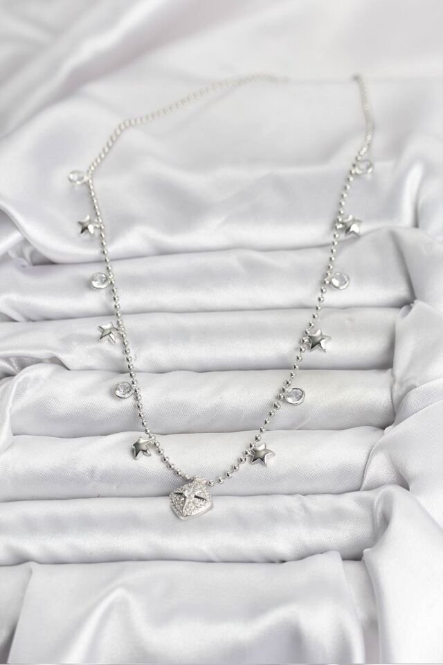 Pirinç Gümüş Renk Zirkon Taşlı Kutup Yıldızı Model Kadın Kolye