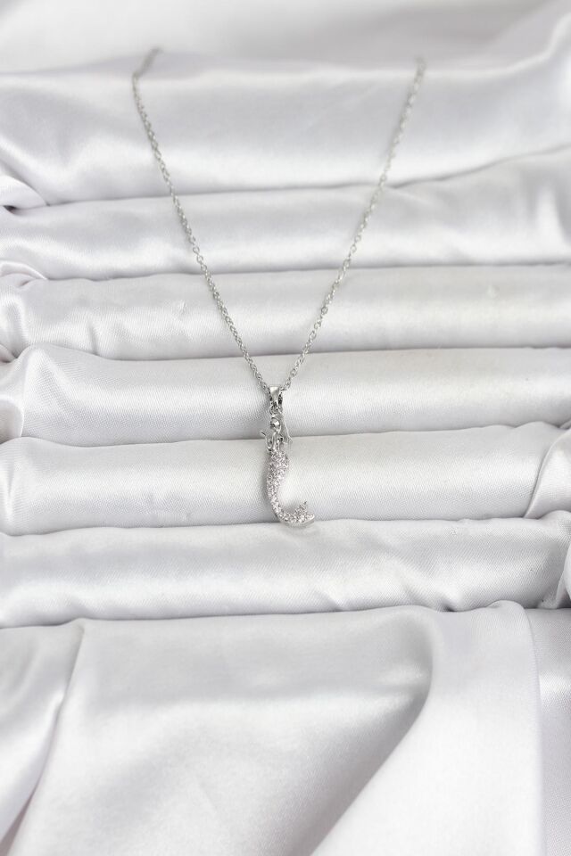 316L Çelik Zincir Gümüş Renk Zirkon Taşlı Deniz Kızı Model Kadın Kolye