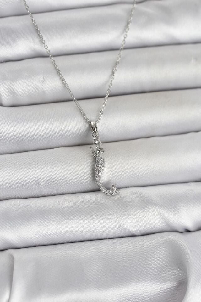 316L Çelik Zincir Gümüş Renk Zirkon Taşlı Deniz Kızı Model Kadın Kolye