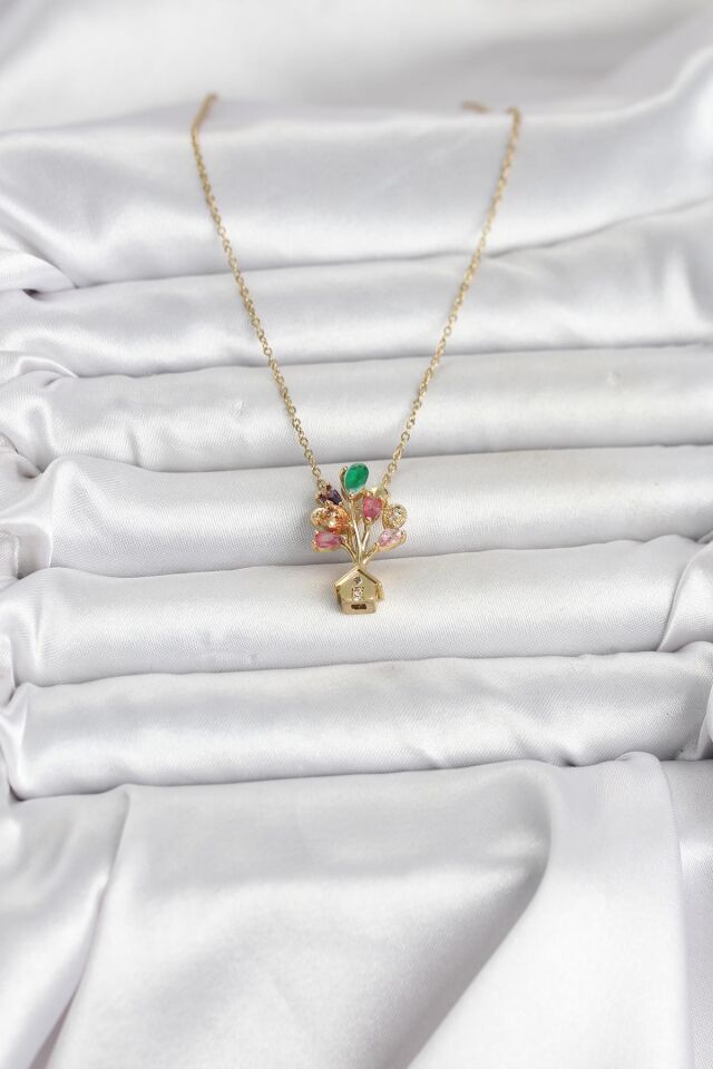 316L Çelik Zincir Gold Renk Uçan Balon Ev Figür Kadın Kolye