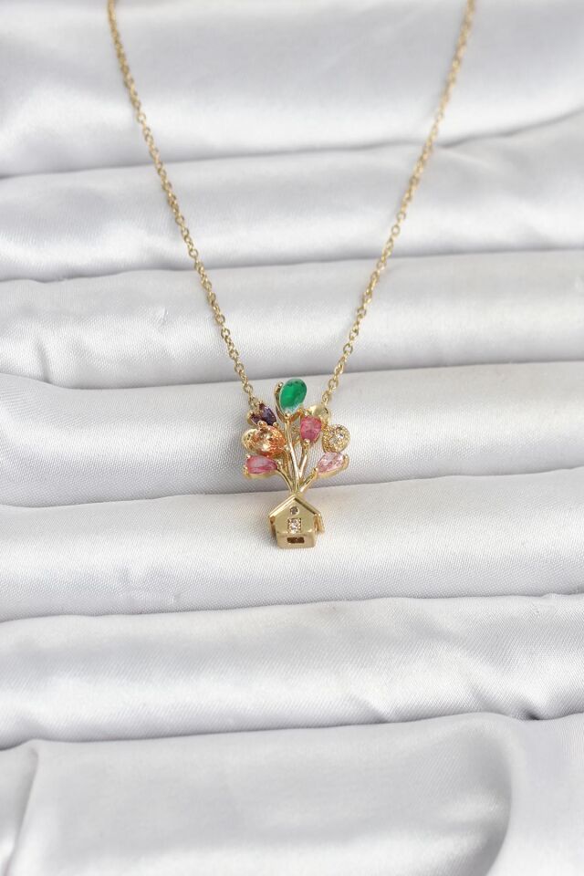 316L Çelik Zincir Gold Renk Uçan Balon Ev Figür Kadın Kolye