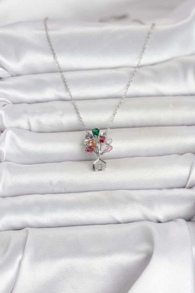 316L Çelik Zincir Gümüş Renk Uçan Balon Ev Figür Kadın Kolye