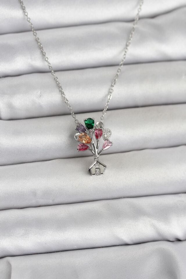 316L Çelik Zincir Gümüş Renk Uçan Balon Ev Figür Kadın Kolye