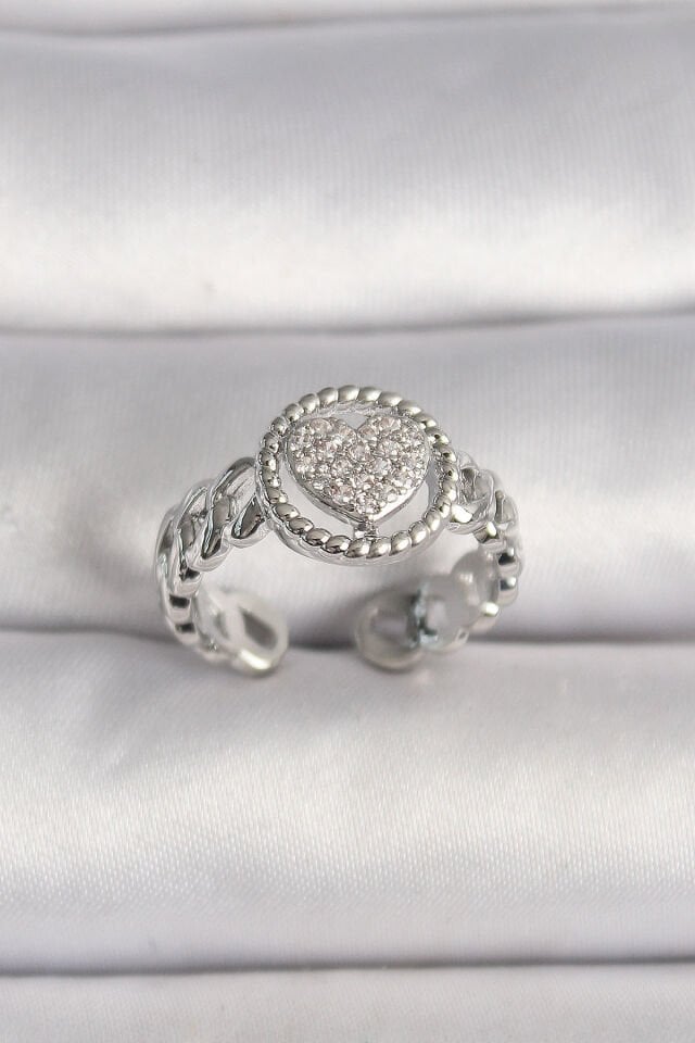 Pirinç Gümüş Renk Zincir Model Zirkon Taşlı Kalp Model Kadın Yüzük