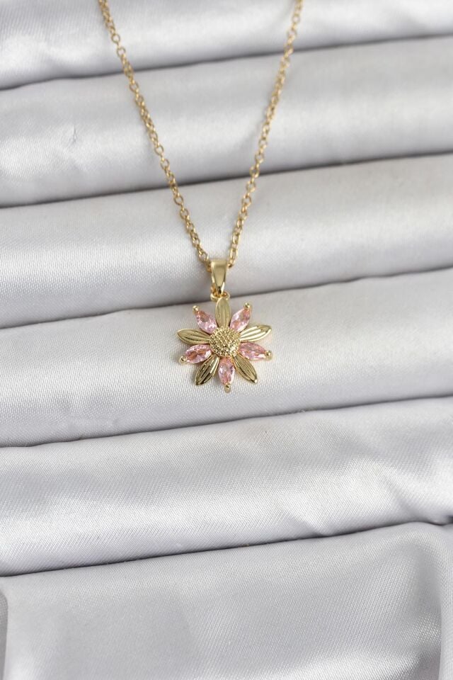 316L Çelik Zincir Gold Renk Pembe Papatya Model Kadın Kolye
