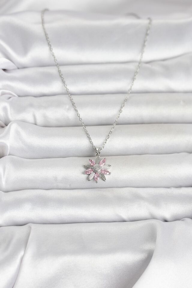 316L Çelik Zincir Gümüş Renk Pembe Papatya Model Kadın Kolye