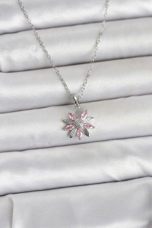 316L Çelik Zincir Gümüş Renk Pembe Papatya Model Kadın Kolye