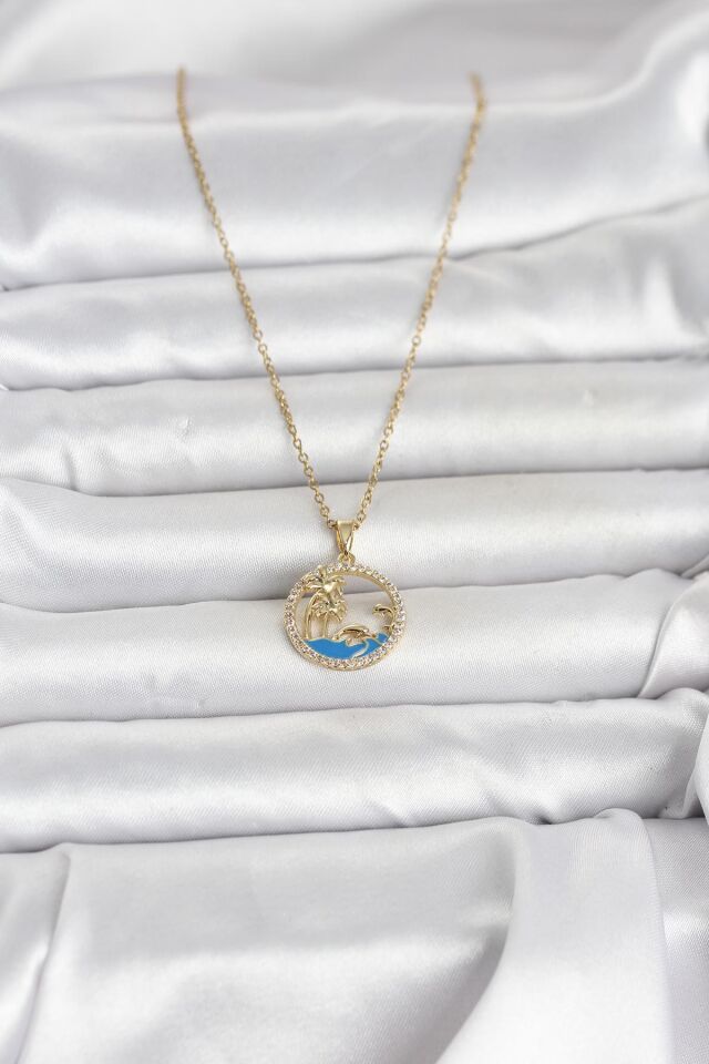 316L Çelik Zincir Gold Renk Zirkon Taşlı Deniz Temalı Kadın Kolye