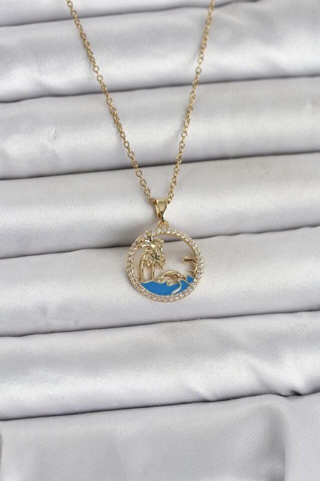 316L Çelik Zincir Gold Renk Zirkon Taşlı Deniz Temalı Kadın Kolye