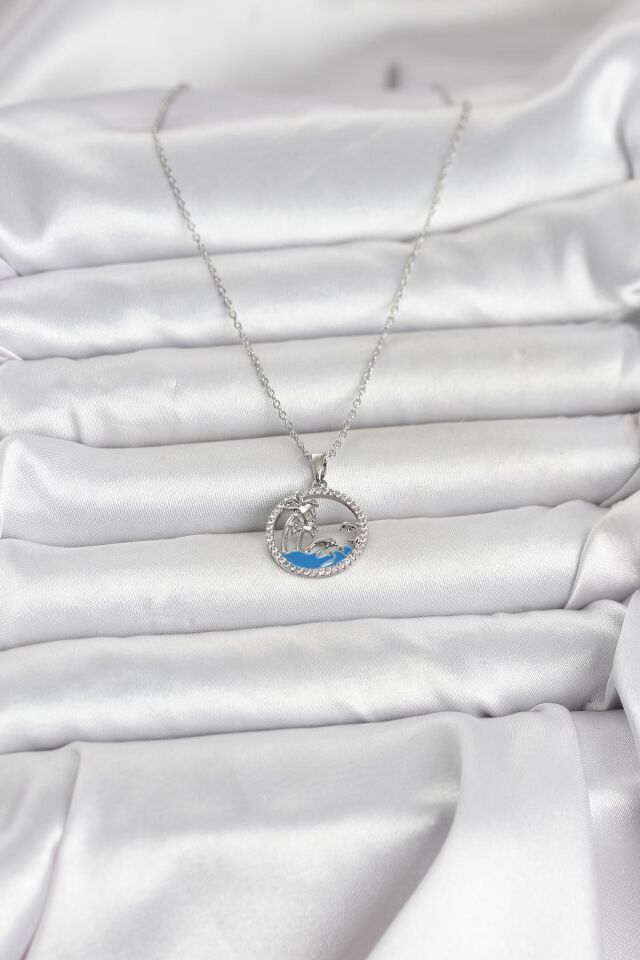 316L Çelik Zincir Gümüş Renk Zirkon Taşlı Deniz Temalı Kadın Kolye