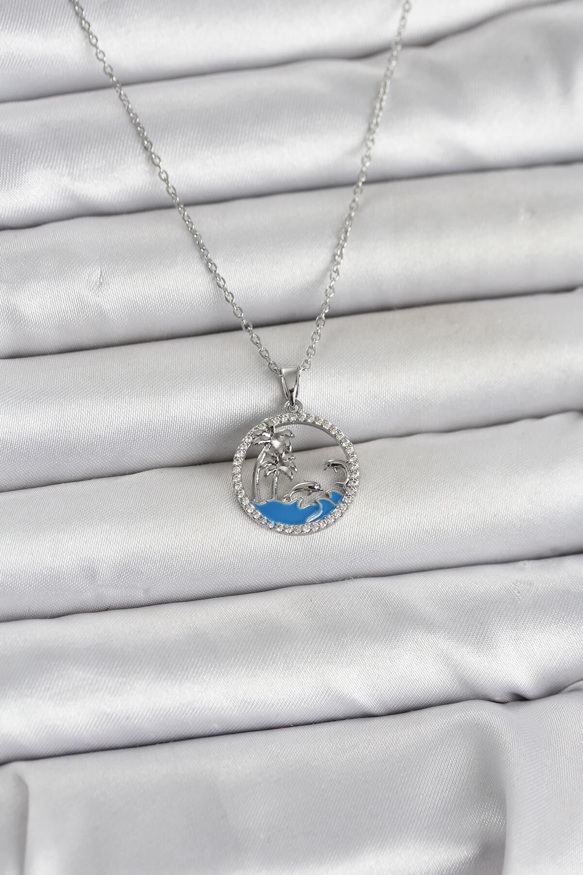 316L Çelik Zincir Gümüş Renk Zirkon Taşlı Deniz Temalı Kadın Kolye