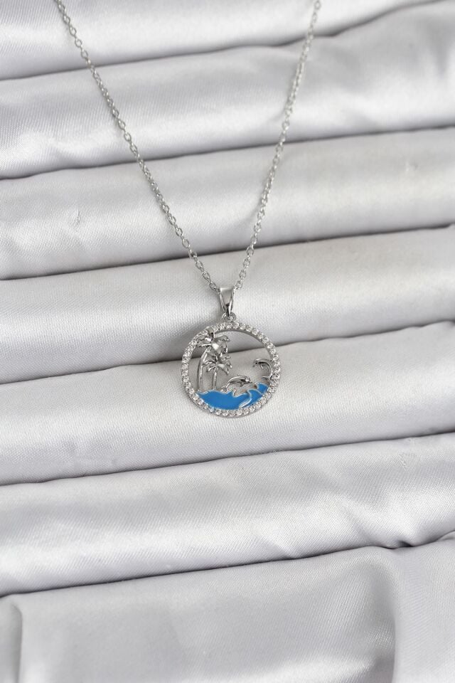 316L Çelik Zincir Gümüş Renk Zirkon Taşlı Deniz Temalı Kadın Kolye
