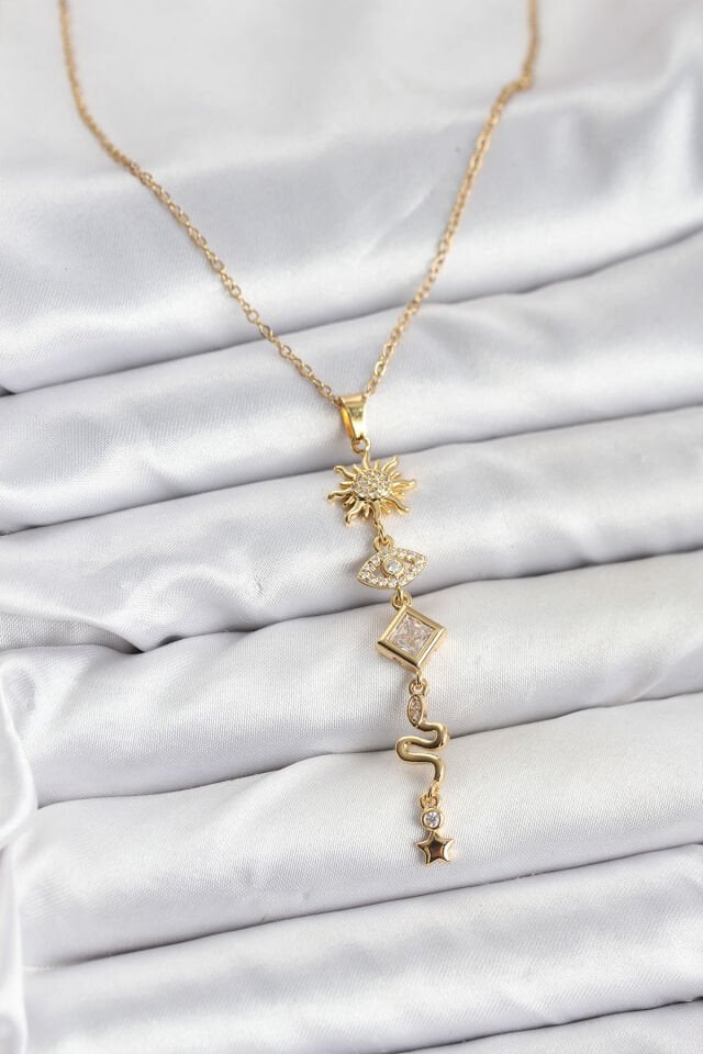 316L Çelik Zincir Gold Renk Güneş ve Enerji Model Kadın Y Kolye