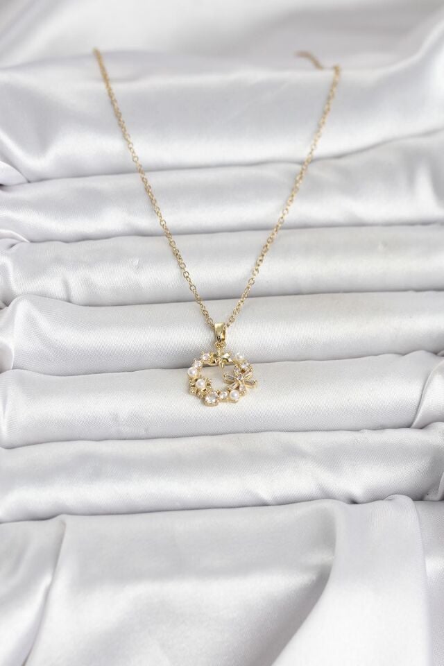 316L Çelik Zincir Gold Renk İncili Çiçek Model Kadın Koyle