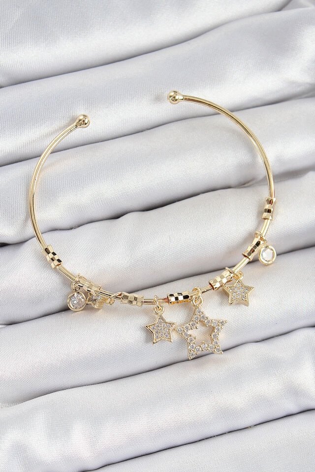 Pirinç Zirkon Taşlı Yıldız Model Gold Renk Charm Bileklik