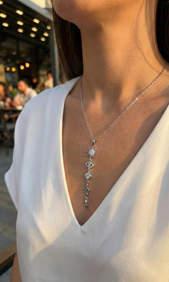 316L Çelik Zincir Gümüş Renk Güneş ve Enerji Model Kadın Y Kolye