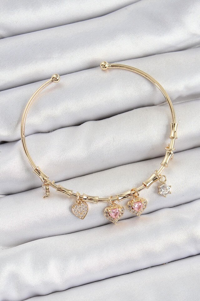 Pirinç Zirkon Taşlı Pembe Kalp Model Gold Renk Charm Bileklik