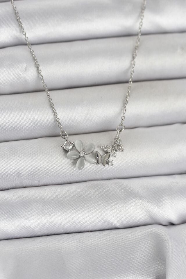 316L Çelik Zincir Gümüş Renk Çiçek ve Kelebek Model Kadın Kolye