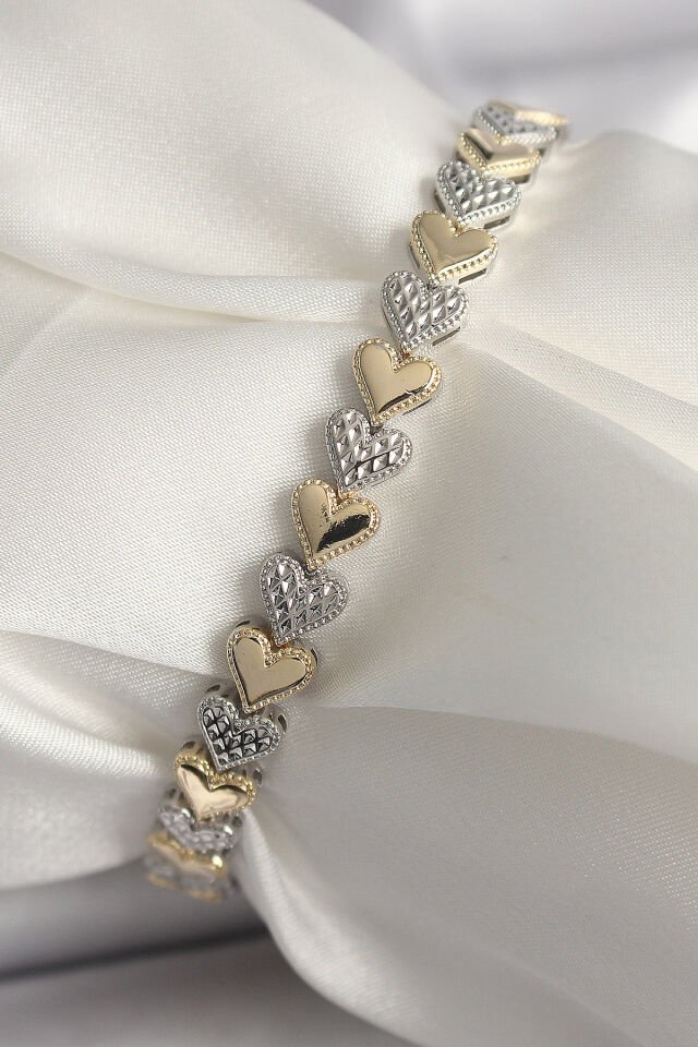 Pirinç Mix Renk Zirkon Taşlı Kalp Model VIP Seri Kadın Bileklik